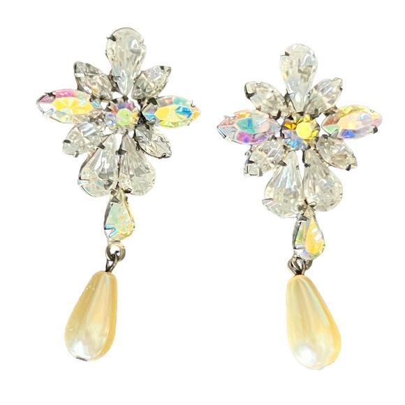 Vtg Tear Drop Pierced Earrings Opalescent Rhinestone Faux‎ Pearl Bride Jewelry - Picture 8 of 11